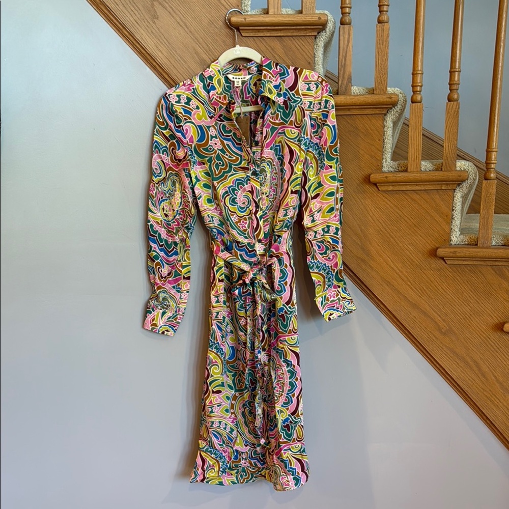 Boden Pink and Green Long Sleeve Tie Front Dress